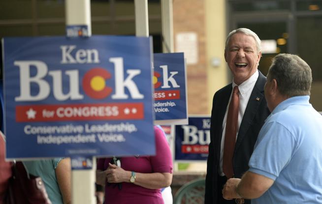GREELEY, CO - JUNE 24: With early results leaning his way, Ken Buck GOP candidate for the 4th Congressional District seat was talking with supporters at his party at Cazadores Mexican Grill and Cantina in Greeley on Tuesday, June 24, 2014. (THE DENVER POST | Cyrus McCrimmon)